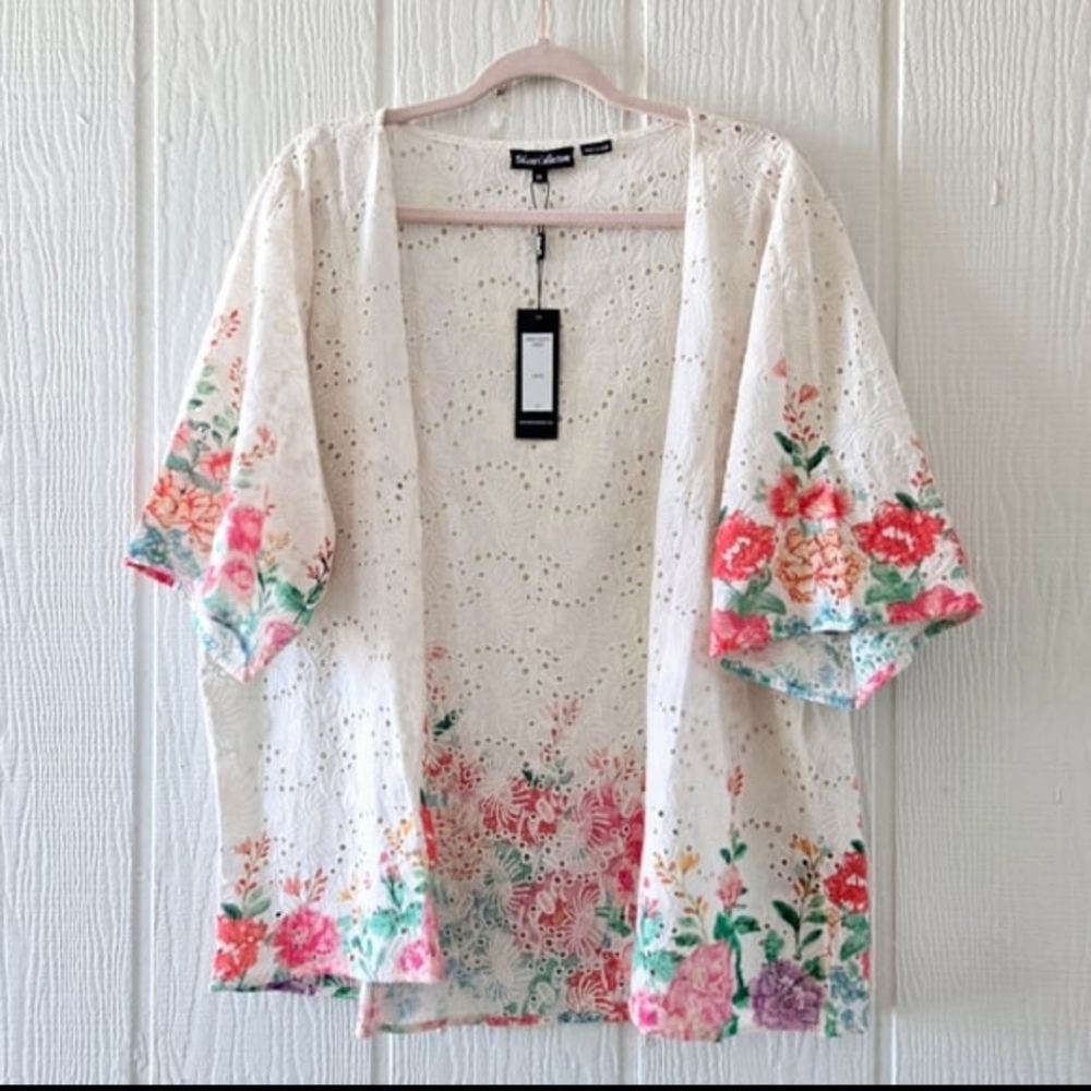 Tolani Sheba Floral White Eyelet Lace Open Front  Kimono Cover Up White Medium